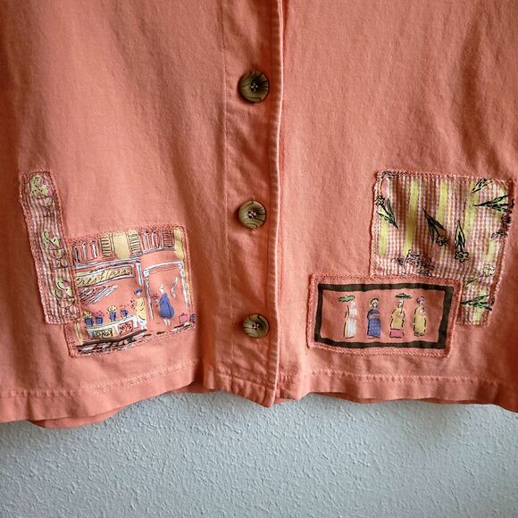 Onque Casuals Shirt Womens M Button Down Orange Flowers Vintage Cotton - Picture 5 of 11